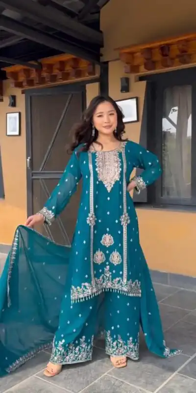 Blue Chinon Embroidery Work Moti Lace Salwar Suit | Jump Suits, Salwar suit, Casual Suits, Creative suits, Designer Suits, Palazzo Suits, Party Wear Suits, Patiala Suits, Straight Suits