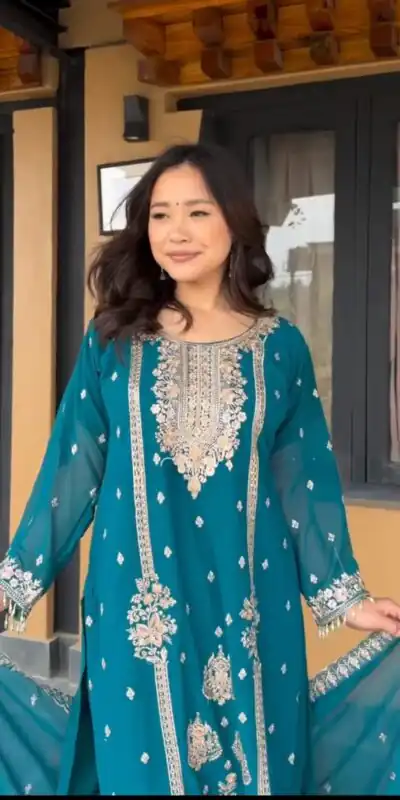 Blue Chinon Embroidery Work Moti Lace Salwar Suit | Jump Suits, Salwar suit, Casual Suits, Creative suits, Designer Suits, Palazzo Suits, Party Wear Suits, Patiala Suits, Straight Suits