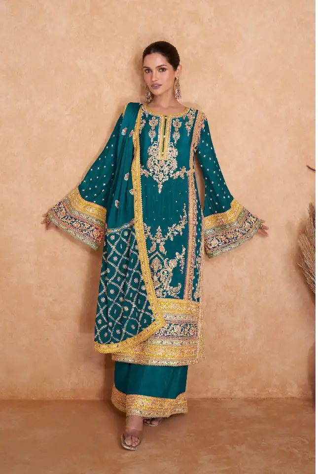 Blue Chinon Embroidery Work Salwar Suit | Jump Suits, Salwar suit, Casual Suits, Creative suits, Designer Suits, Palazzo Suits, Party Wear Suits, Patiala Suits, Straight Suits