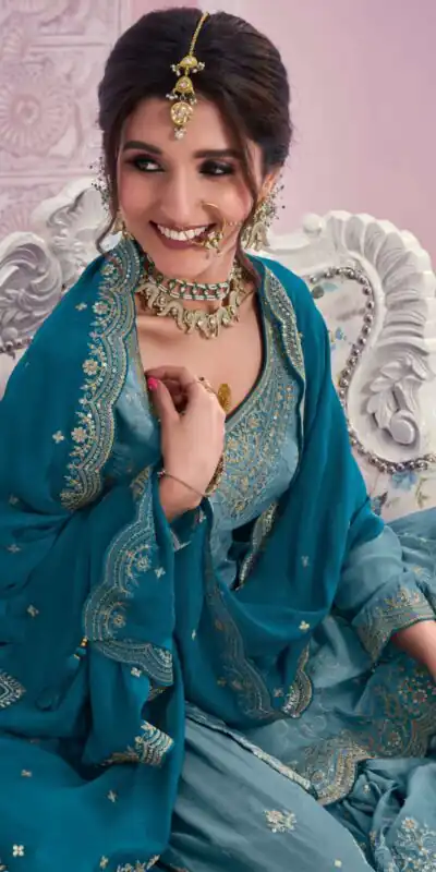 Blue Chinon Multi Coding Work Salwar Suit | Jump Suits, Salwar suit, Casual Suits, Creative suits, Designer Suits, Palazzo Suits, Party Wear Suits, Patiala Suits, Straight Suits