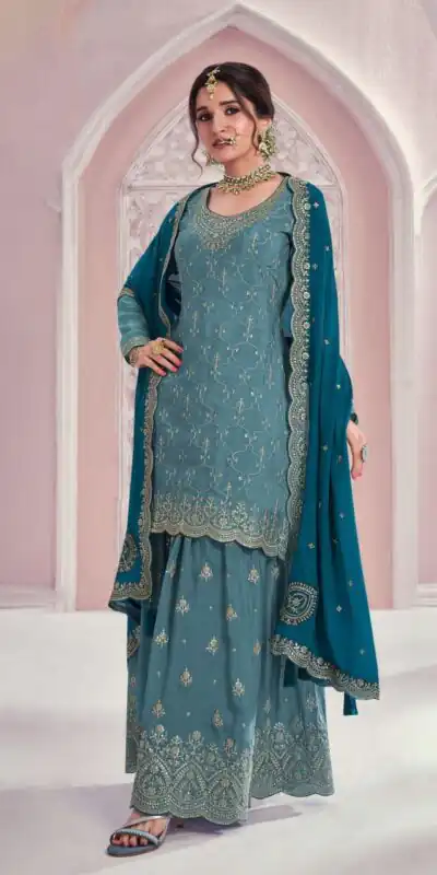 Blue Chinon Multi Coding Work Salwar Suit | Jump Suits, Salwar suit, Casual Suits, Creative suits, Designer Suits, Palazzo Suits, Party Wear Suits, Patiala Suits, Straight Suits