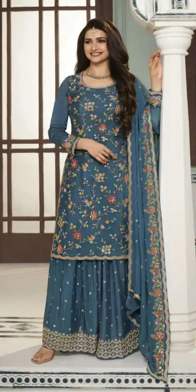 Blue Chinon Multi Work Salwar Suit | Jump Suits, Salwar suit, Casual Suits, Creative suits, Designer Suits, Palazzo Suits, Party Wear Suits, Patiala Suits, Straight Suits