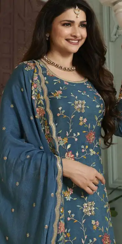 Blue Chinon Multi Work Salwar Suit | Jump Suits, Salwar suit, Casual Suits, Creative suits, Designer Suits, Palazzo Suits, Party Wear Suits, Patiala Suits, Straight Suits