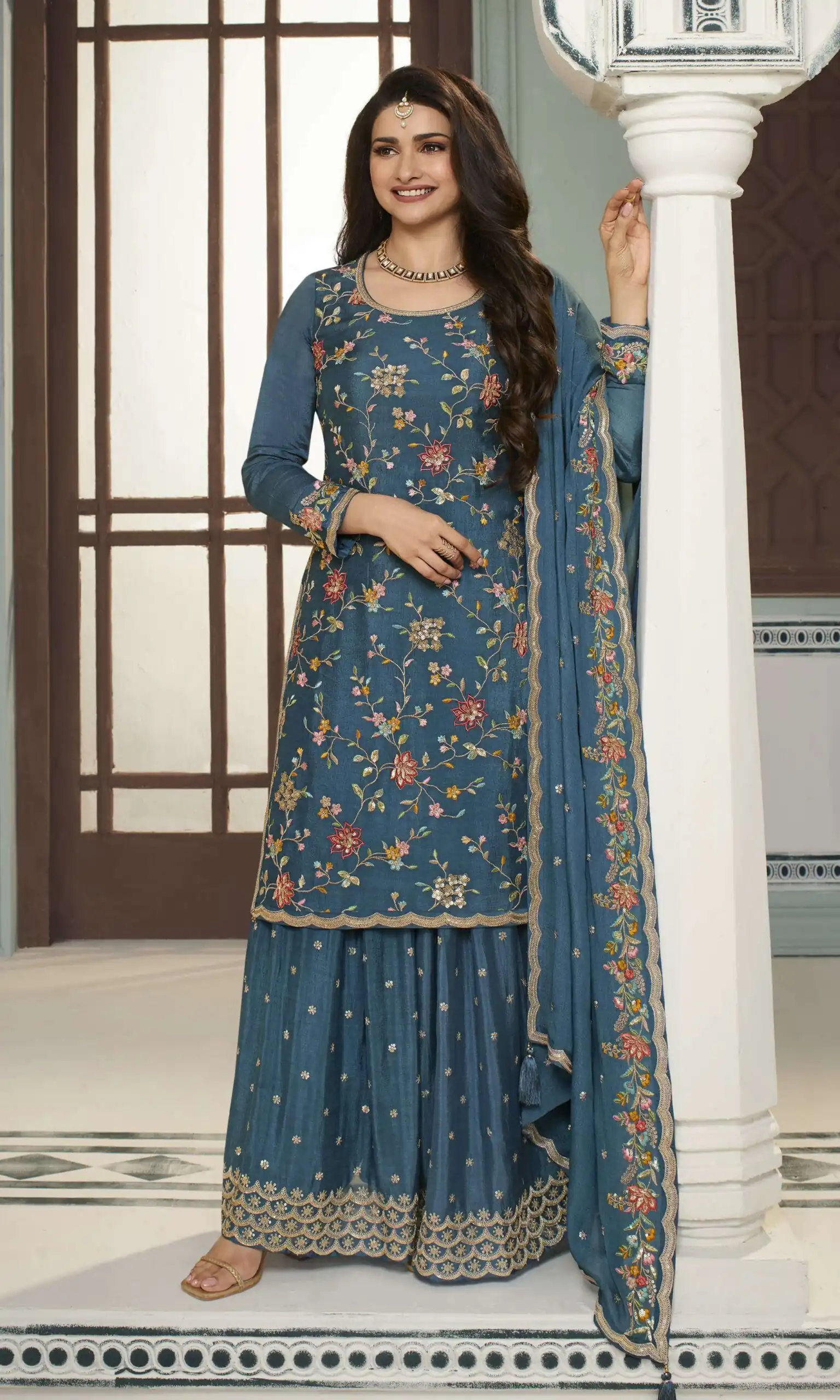 Blue Chinon Multi Work Salwar Suit | Jump Suits, Salwar suit, Casual Suits, Creative suits, Designer Suits, Palazzo Suits, Party Wear Suits, Patiala Suits, Straight Suits