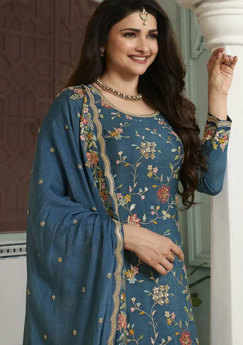 Blue Chinon Multi Work Salwar Suit | Jump Suits, Salwar suit, Casual Suits, Creative suits, Designer Suits, Palazzo Suits, Party Wear Suits, Patiala Suits, Straight Suits