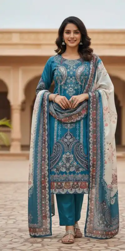 Blue Chinon Printed With Miror Work Salwar Suit | Jump Suits, Salwar suit, Casual Suits, Creative suits, Designer Suits, Palazzo Suits, Party Wear Suits, Patiala Suits, Straight Suits