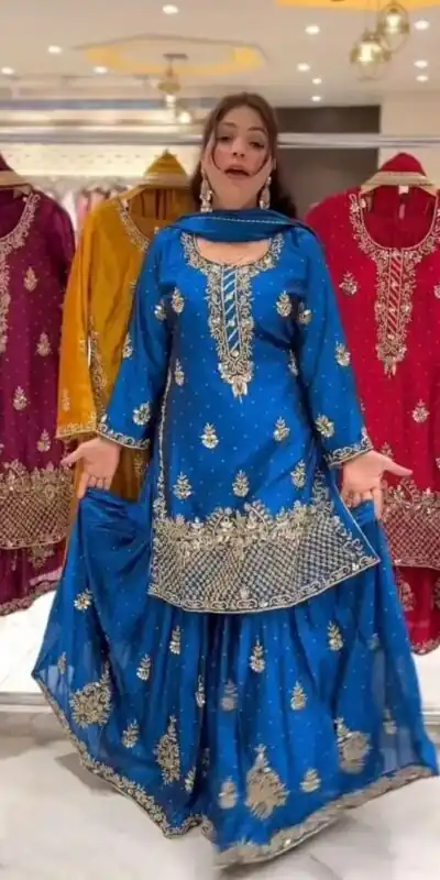 Blue Chinon Silk Embroidery Work Salwar Suit | Jump Suits, Salwar suit, Casual Suits, Creative suits, Designer Suits, Palazzo Suits, Party Wear Suits, Patiala Suits, Straight Suits