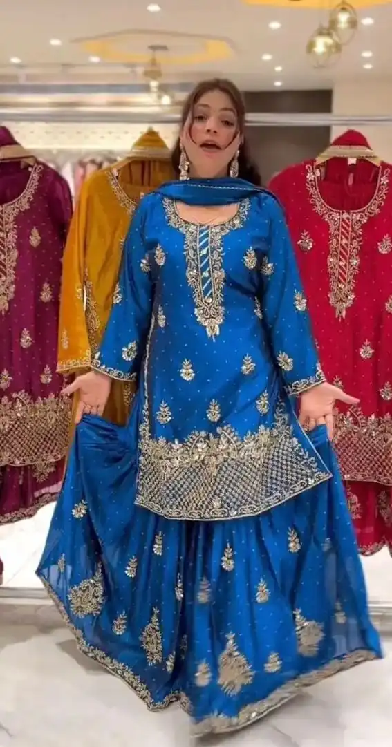 Blue Chinon Silk Embroidery Work Salwar Suit | Jump Suits, Salwar suit, Casual Suits, Creative suits, Designer Suits, Palazzo Suits, Party Wear Suits, Patiala Suits, Straight Suits