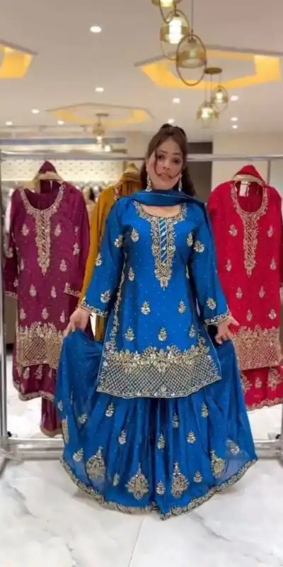 Blue Chinon Silk Embroidery Work Salwar Suit | Jump Suits, Salwar suit, Casual Suits, Creative suits, Designer Suits, Palazzo Suits, Party Wear Suits, Patiala Suits, Straight Suits