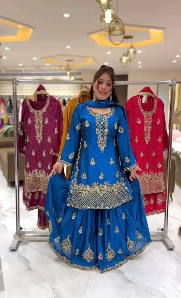 Blue Chinon Silk Embroidery Work Salwar Suit | Jump Suits, Salwar suit, Casual Suits, Creative suits, Designer Suits, Palazzo Suits, Party Wear Suits, Patiala Suits, Straight Suits