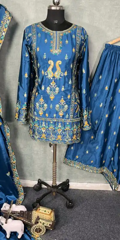 Blue Chinon Silk Sequin Embroidery Work Salwar Suit | Jump Suits, Salwar suit, Casual Suits, Creative suits, Designer Suits, Palazzo Suits, Party Wear Suits, Patiala Suits, Straight Suits