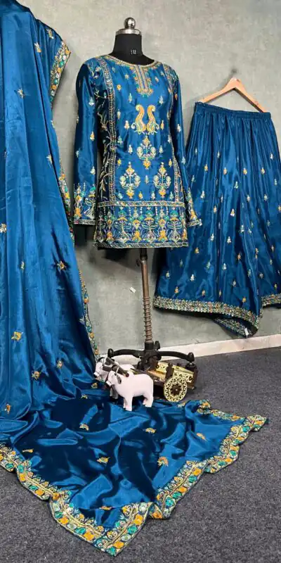 Blue Chinon Silk Sequin Embroidery Work Salwar Suit | Jump Suits, Salwar suit, Casual Suits, Creative suits, Designer Suits, Palazzo Suits, Party Wear Suits, Patiala Suits, Straight Suits