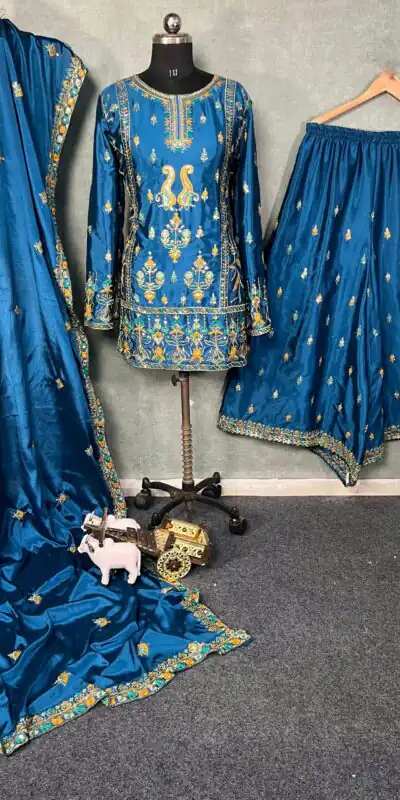 Blue Chinon Silk Sequin Embroidery Work Salwar Suit | Jump Suits, Salwar suit, Casual Suits, Creative suits, Designer Suits, Palazzo Suits, Party Wear Suits, Patiala Suits, Straight Suits