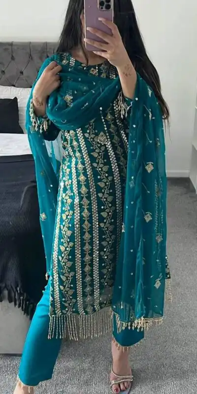 Blue Chinon Silk With Embroidery Work Salwar Suit | Jump Suits, Salwar suit, Casual Suits, Creative suits, Designer Suits, Palazzo Suits, Party Wear Suits, Patiala Suits, Straight Suits