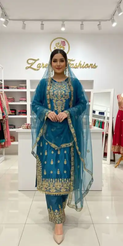 Blue Chinon With Embroidery Work Salwar Suit | Jump Suits, Salwar suit, Casual Suits, Creative suits, Designer Suits, Palazzo Suits, Party Wear Suits, Patiala Suits, Straight Suits