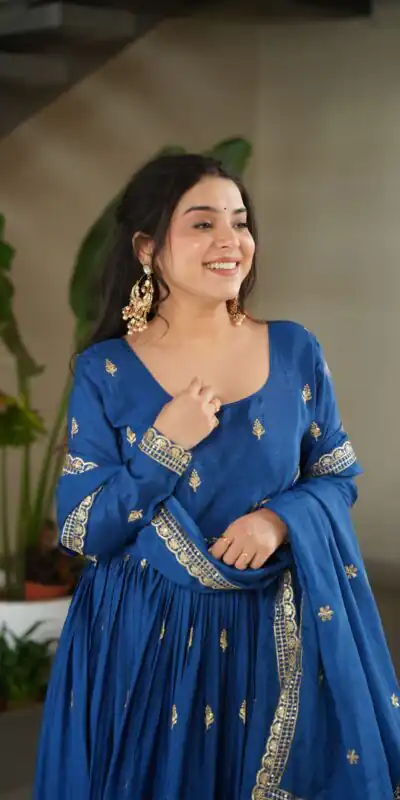 Blue Chinon Zari Embroidery Work Gown | Gowns, Bollywood Gowns, Creative Gowns, Designer Gowns, Embroidered Gowns, Party Wear Gowns