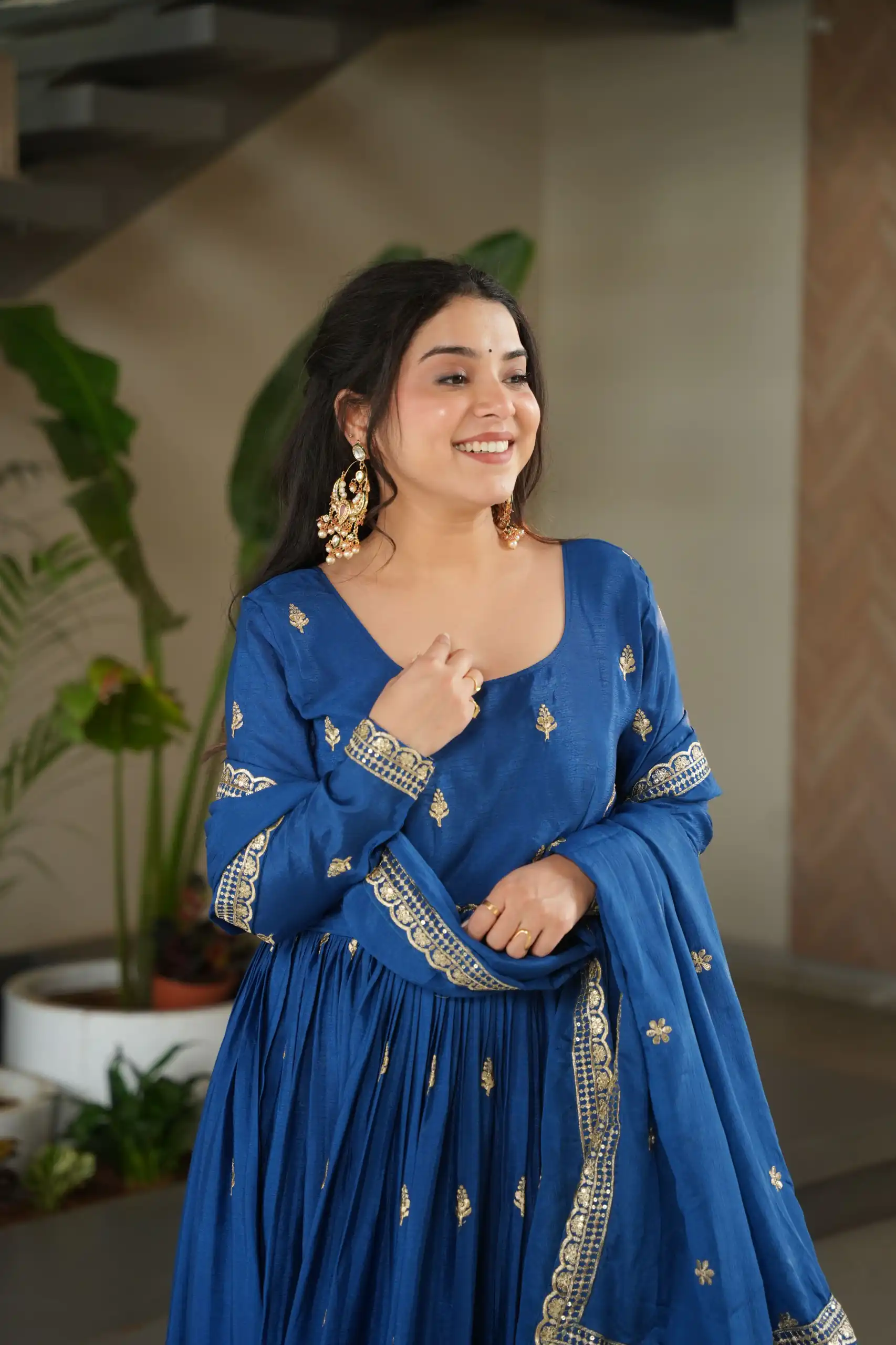 Blue Chinon Zari Embroidery Work Gown | Gowns, Bollywood Gowns, Creative Gowns, Designer Gowns, Embroidered Gowns, Party Wear Gowns