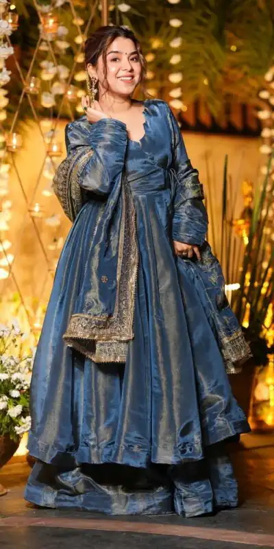 Blue Cosmos Silk Lace Embroidery Work Gown | Gowns, Bollywood Gowns, Creative Gowns, Designer Gowns, Embroidered Gowns, Party Wear Gowns