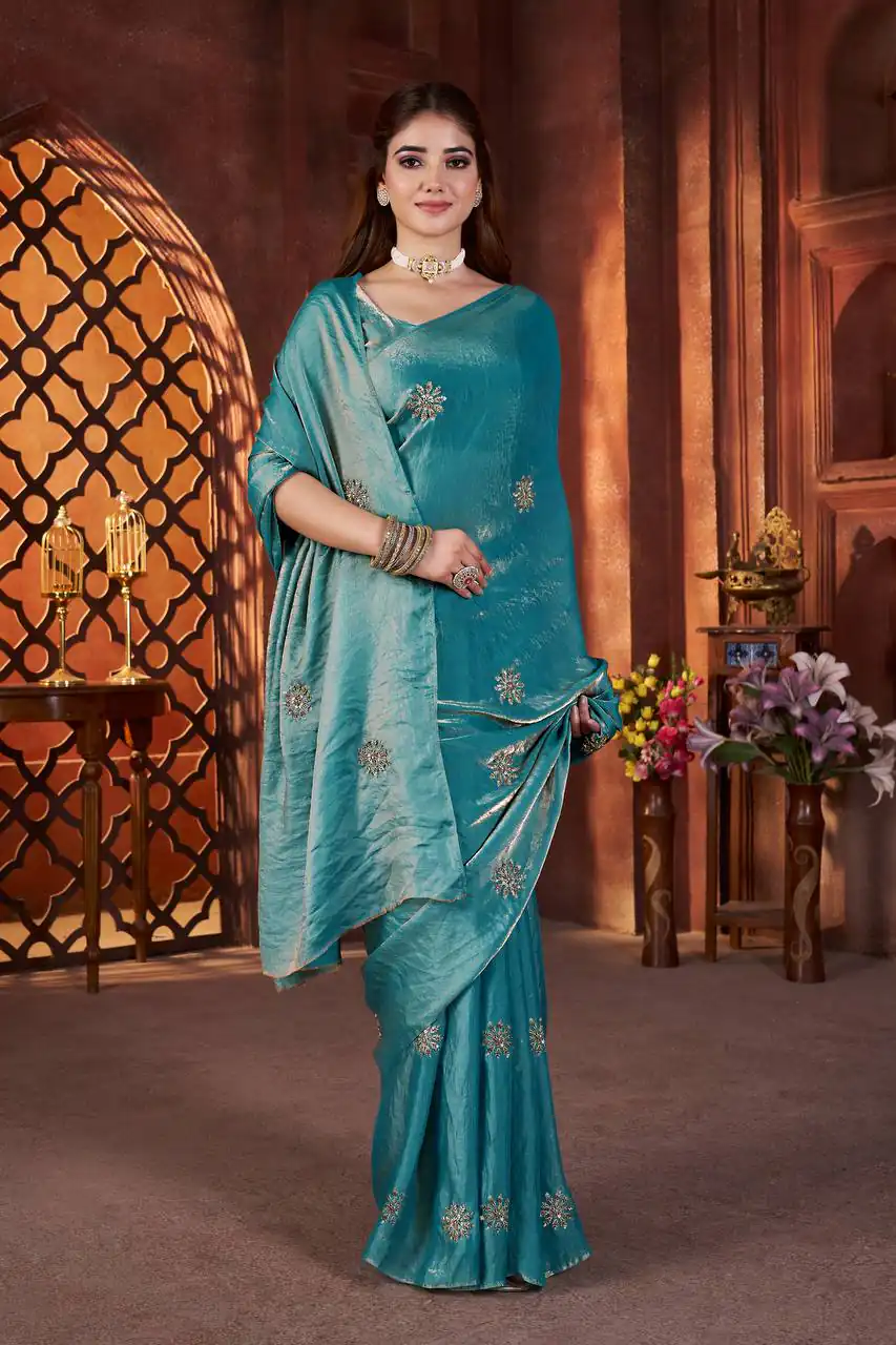 Blue Fandy Satin Silk Bead Work Saree | Sarees, Bollywood Sarees, Creative Sarees, Designer Sarees, Embroidered Sarees, Ethnic Saree, Modern Digital sarees, Party Wear Sarees