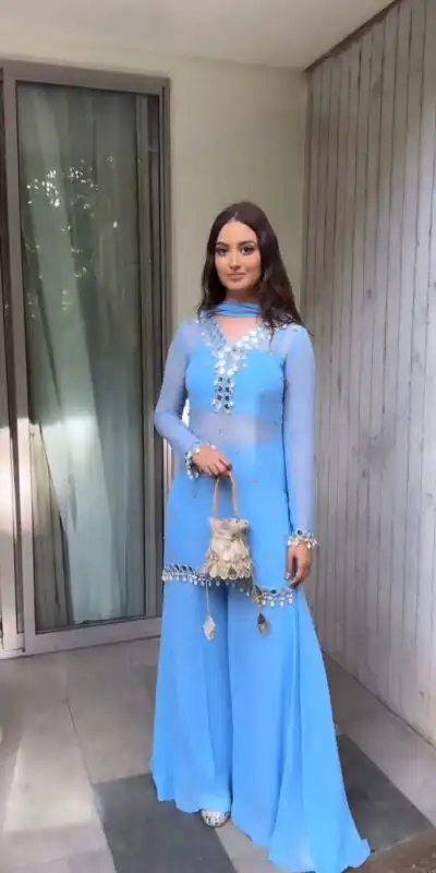 Blue Faux Georgette Cowrie Mirror Work Salwar Suit | Jump Suits, Salwar suit, Casual Suits, Creative suits, Designer Suits, Palazzo Suits, Party Wear Suits, Patiala Suits, Straight Suits