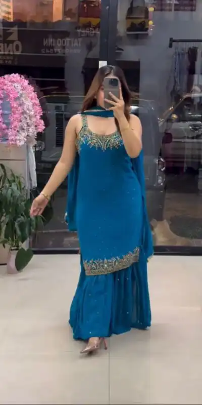 Blue Faux Georgette With Lace Work Salwar Suit | Jump Suits, Tops & Bottoms, Track Suits, Salwar suit, Casual Suits, Creative suits, Designer Suits, Palazzo Suits, Party Wear Suits, Patiala Suits, Straight Suits, Trendy Wear