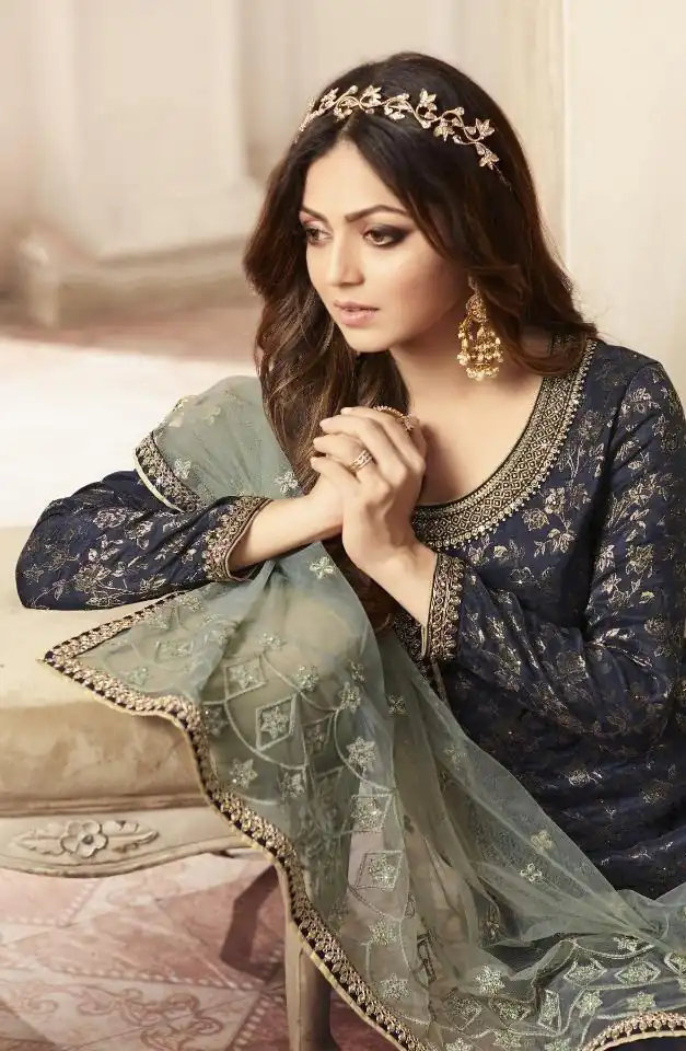 Blue Georgette Jacquard Diamond Sharara Suit | Jump Suits, Salwar suit, Casual Suits, Creative suits, Designer Suits, Palazzo Suits, Party Wear Suits, Patiala Suits, Straight Suits