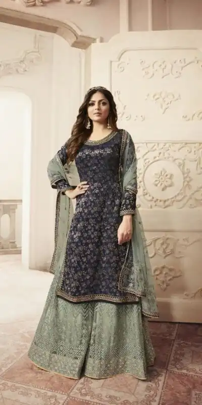 Blue Georgette Jacquard Diamond Sharara Suit | Jump Suits, Salwar suit, Casual Suits, Creative suits, Designer Suits, Palazzo Suits, Party Wear Suits, Patiala Suits, Straight Suits