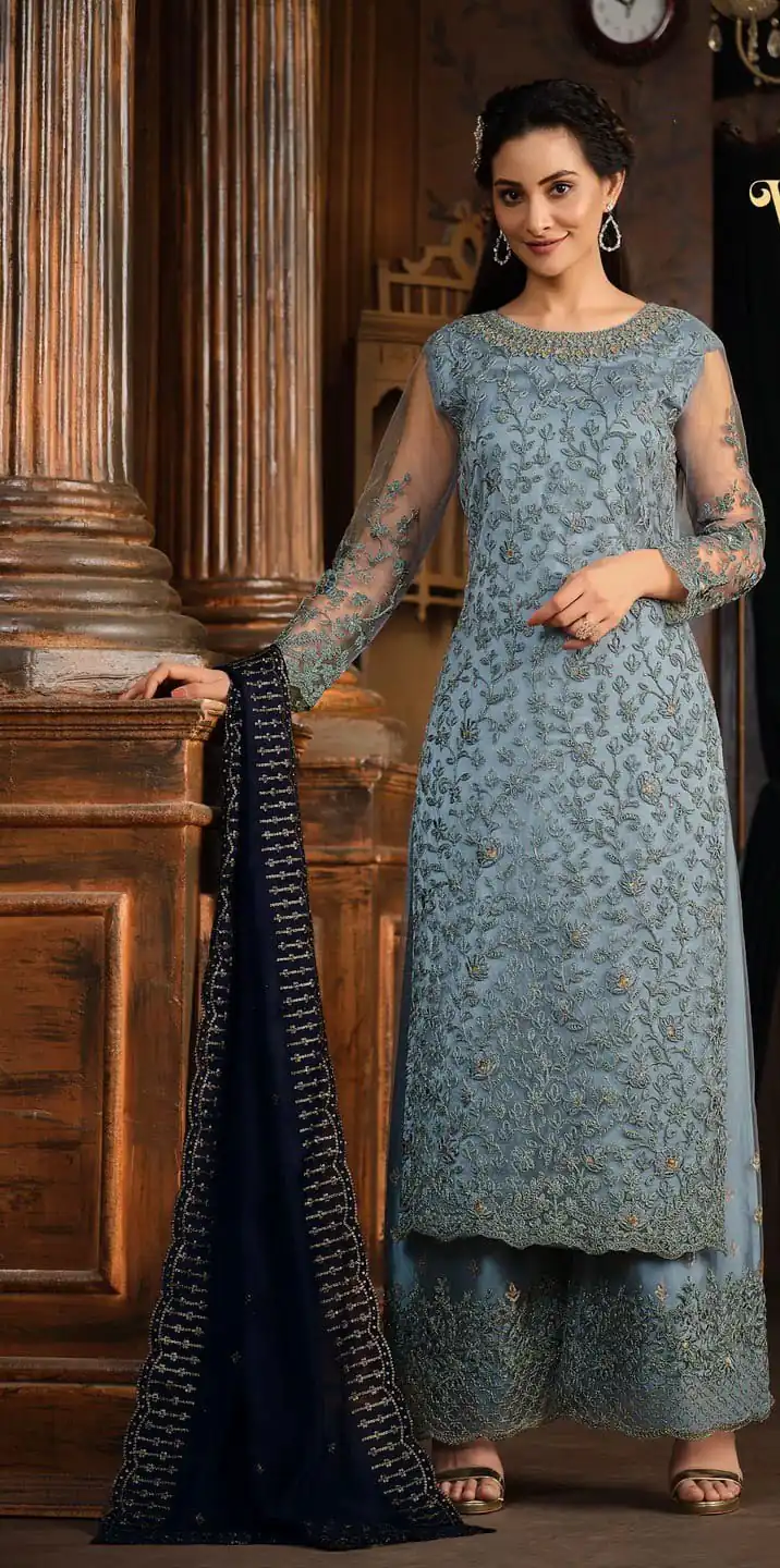 Blue Heavy Net Coding Sequence Embroidery Salwar Suit | Salwar suit, Casual Suits, Creative suits, Designer Suits, Palazzo Suits, Party Wear Suits, Patiala Suits, Straight Suits