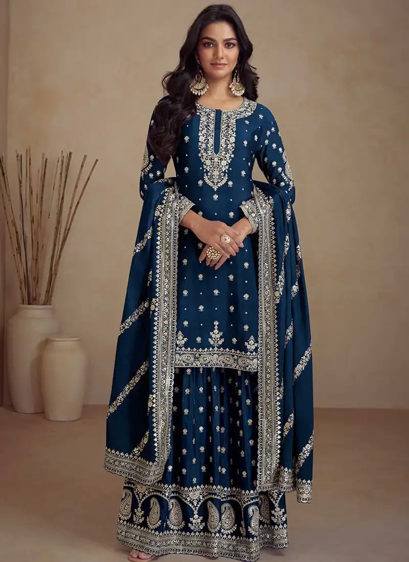 Blue Heavy Semi Chinon Silk Codding Embroidery Salwar Suit | Jump Suits, Salwar suit, Casual Suits, Creative suits, Designer Suits, Palazzo Suits, Party Wear Suits, Patiala Suits, Straight Suits