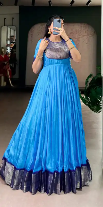 Blue Mass Mello Zari Work Gown | Gowns, Bollywood Gowns, Creative Gowns, Designer Gowns, Embroidered Gowns, Party Wear Gowns