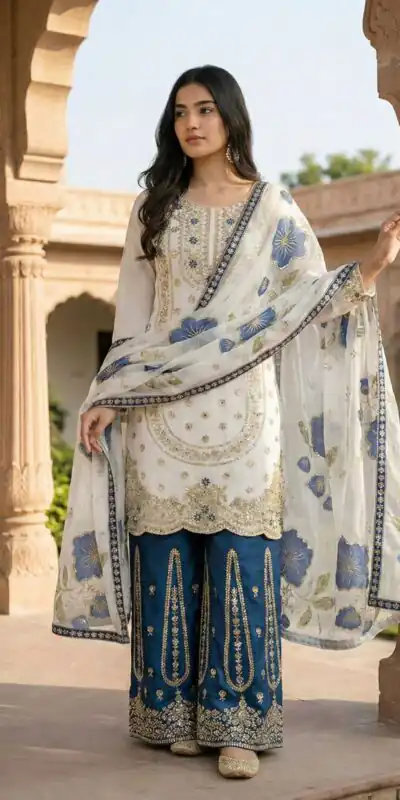 Blue Organza Silk Digital Print Embroidery Salwar Suit | Jump Suits, Salwar suit, Casual Suits, Creative suits, Designer Suits, Palazzo Suits, Party Wear Suits, Patiala Suits, Straight Suits