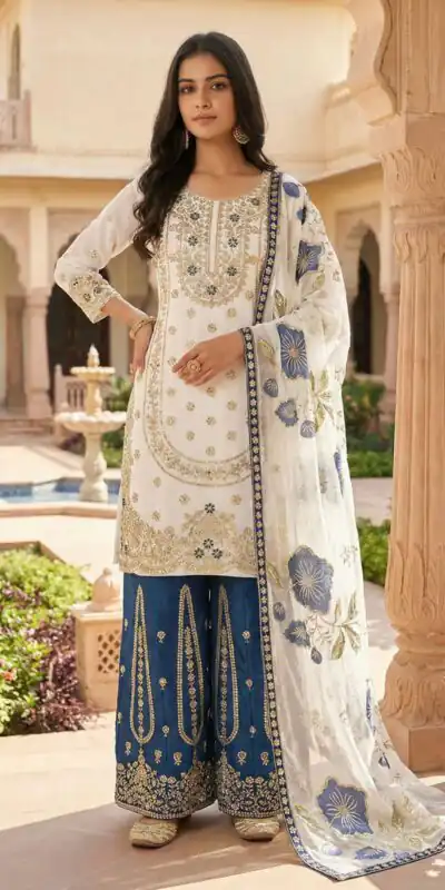 Blue Organza Silk Digital Print Embroidery Salwar Suit | Jump Suits, Salwar suit, Casual Suits, Creative suits, Designer Suits, Palazzo Suits, Party Wear Suits, Patiala Suits, Straight Suits