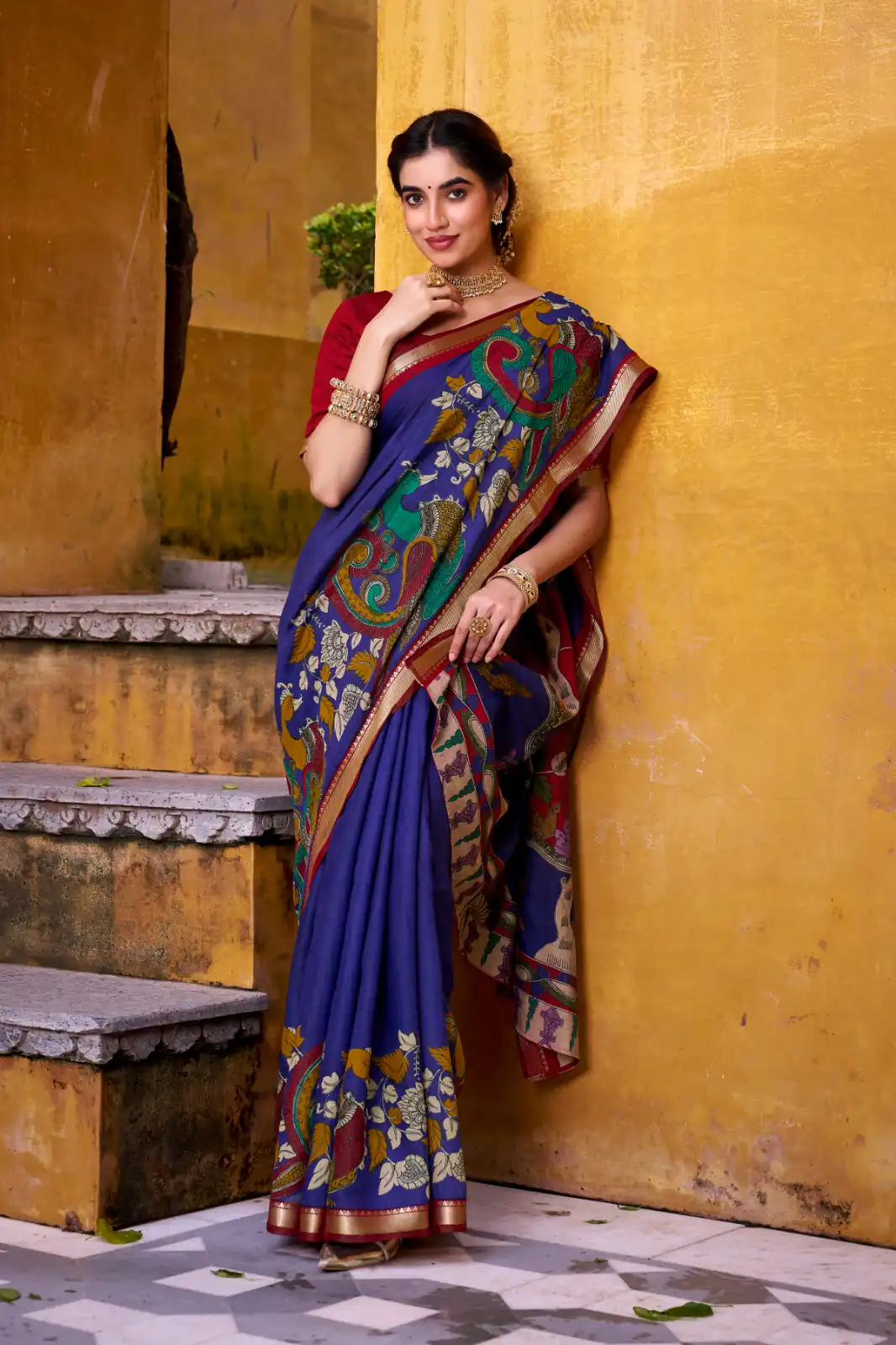Blue Polyester Kalamkari Saree | Sarees, Bollywood Sarees, Creative Sarees, Designer Sarees, Embroidered Sarees, Ethnic Saree, Modern Digital sarees, Party Wear Sarees