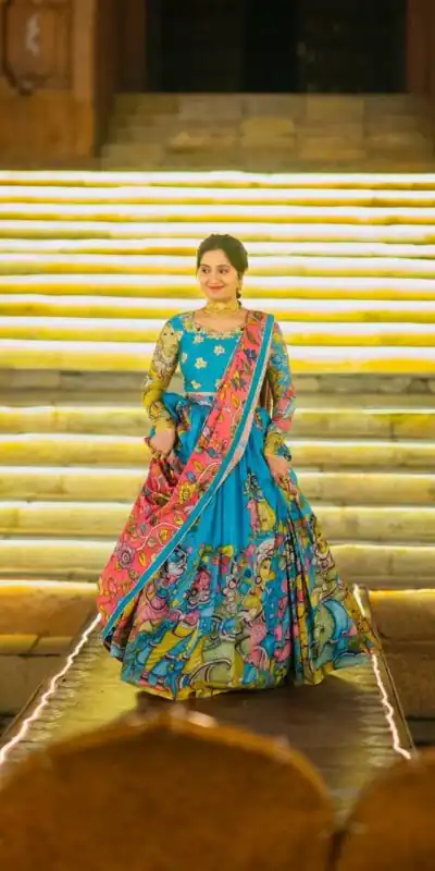 Blue Rayon Cotton Kalamkari Printed Lehenga Choli | Lehenga, Bollywood Lehenga, Creative Lehenga, Designer Lehenga, Embroidered Lehenga, Party Wear Lehenga