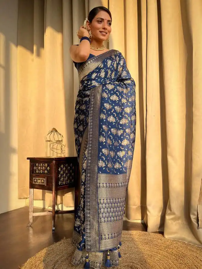 Blue Soft Silk Jacquard All Over Work Saree | Sarees, Bollywood Sarees, Creative Sarees, Designer Sarees, Embroidered Sarees, Ethnic Saree, Modern Digital sarees, Party Wear Sarees