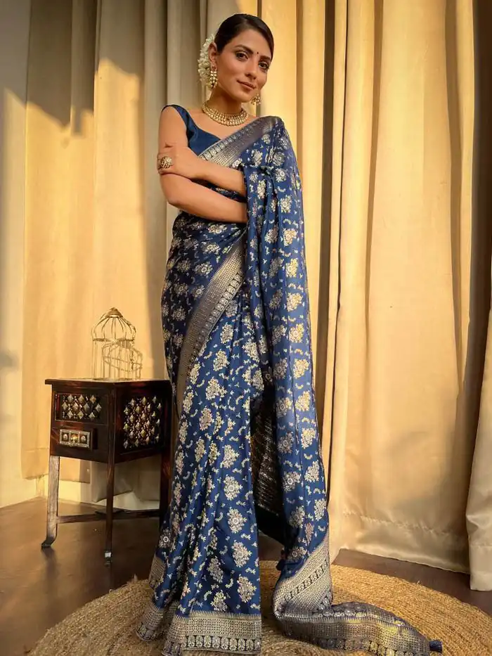 Blue Soft Silk Jacquard All Over Work Saree | Sarees, Bollywood Sarees, Creative Sarees, Designer Sarees, Embroidered Sarees, Ethnic Saree, Modern Digital sarees, Party Wear Sarees