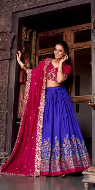 Blue Tasar Printed Foil Work Lehenga Choli | Lehenga, Bollywood Lehenga, Creative Lehenga, Designer Lehenga, Embroidered Lehenga, Party Wear Lehenga