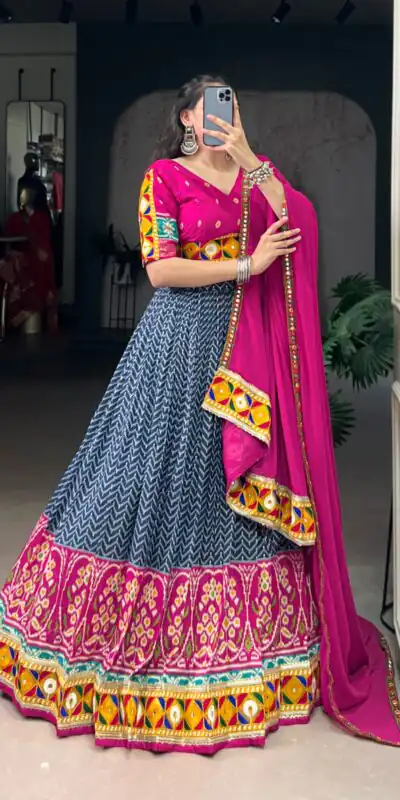 Blue Tasar Silk Printed Foil Lehenga Choli | Lehenga, Bollywood Lehenga, Creative Lehenga, Designer Lehenga, Embroidered Lehenga, Party Wear Lehenga