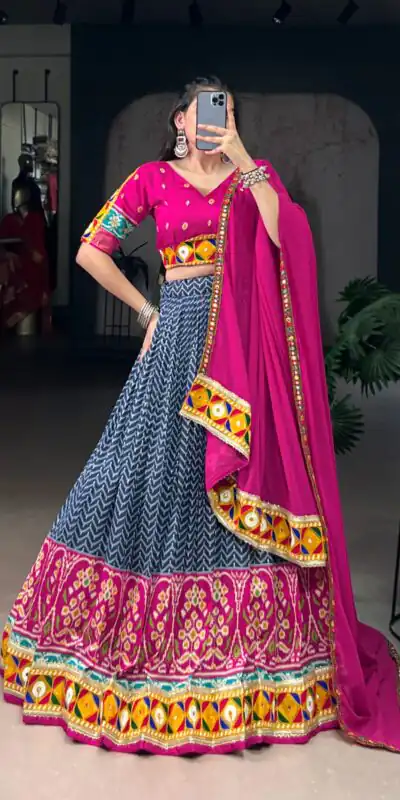 Blue Tasar Silk Printed Foil Lehenga Choli | Lehenga, Bollywood Lehenga, Creative Lehenga, Designer Lehenga, Embroidered Lehenga, Party Wear Lehenga
