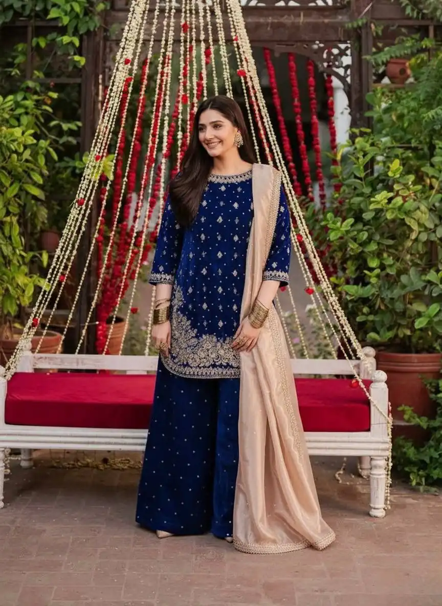 Blue Velvet Rivet Moti Hand Work Salwar Suit | Jump Suits, Salwar suit, Casual Suits, Creative suits, Designer Suits, Palazzo Suits, Party Wear Suits, Patiala Suits, Straight Suits