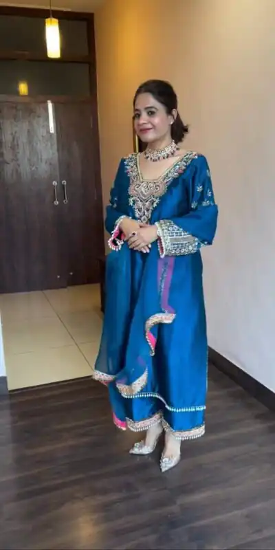 Blue Vichitra Silk Cowrie Embroidery Work Salwar Suit | Jump Suits, Salwar suit, Casual Suits, Creative suits, Designer Suits, Palazzo Suits, Party Wear Suits, Patiala Suits, Straight Suits
