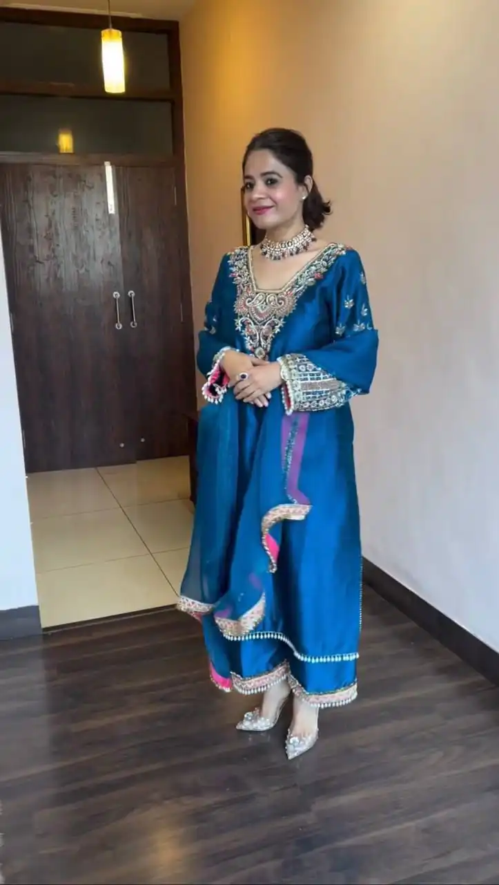Blue Vichitra Silk Cowrie Embroidery Work Salwar Suit | Jump Suits, Salwar suit, Casual Suits, Creative suits, Designer Suits, Palazzo Suits, Party Wear Suits, Patiala Suits, Straight Suits