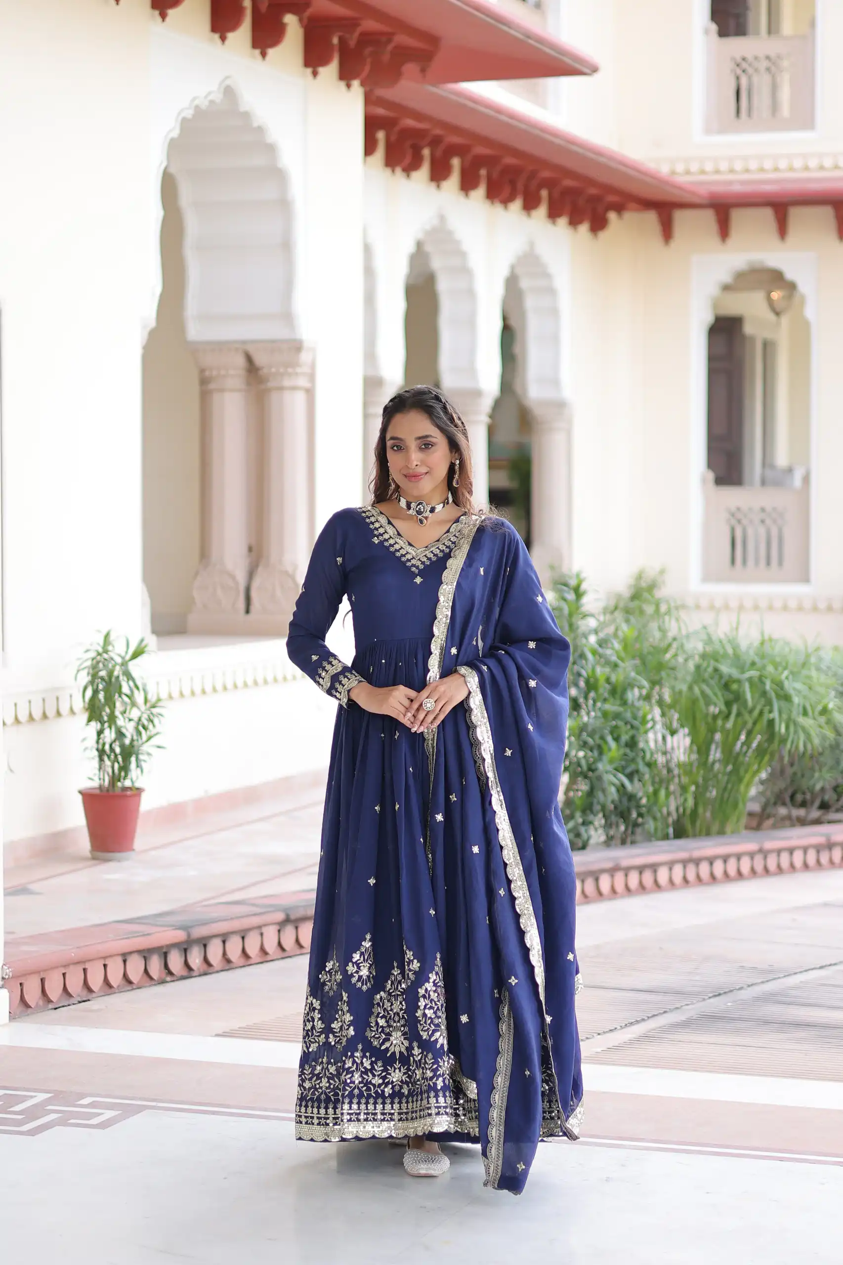 Blue Vichitra Silk Sequins Work Gown | Gowns, Bollywood Gowns, Creative Gowns, Designer Gowns, Embroidered Gowns, Party Wear Gowns