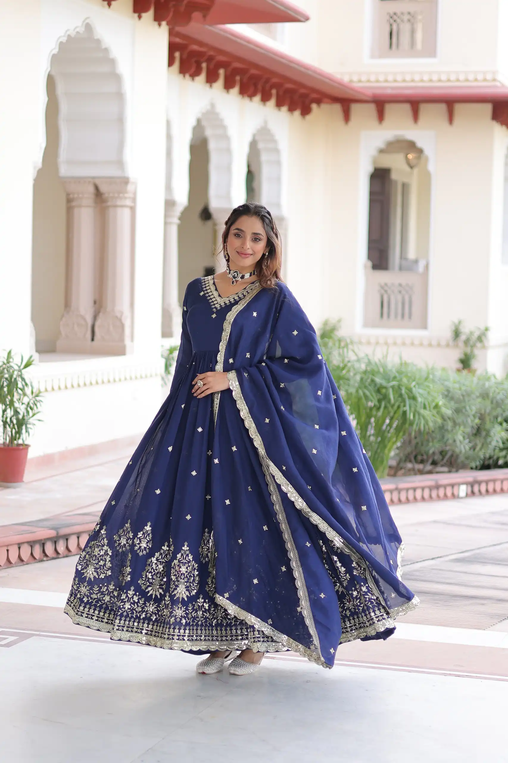 Blue Vichitra Silk Sequins Work Gown | Gowns, Bollywood Gowns, Creative Gowns, Designer Gowns, Embroidered Gowns, Party Wear Gowns