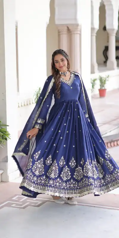 Blue Vichitra Silk Sequins Work Gown | Gowns, Bollywood Gowns, Creative Gowns, Designer Gowns, Embroidered Gowns, Party Wear Gowns