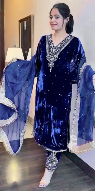 Blue Viscos Velvet Thread Rivet Moti Salwar Suit | Jump Suits, Tops & Bottoms, Track Suits, Salwar suit, Casual Suits, Creative suits, Designer Suits, Palazzo Suits, Party Wear Suits, Patiala Suits, Straight Suits, Trendy Wear