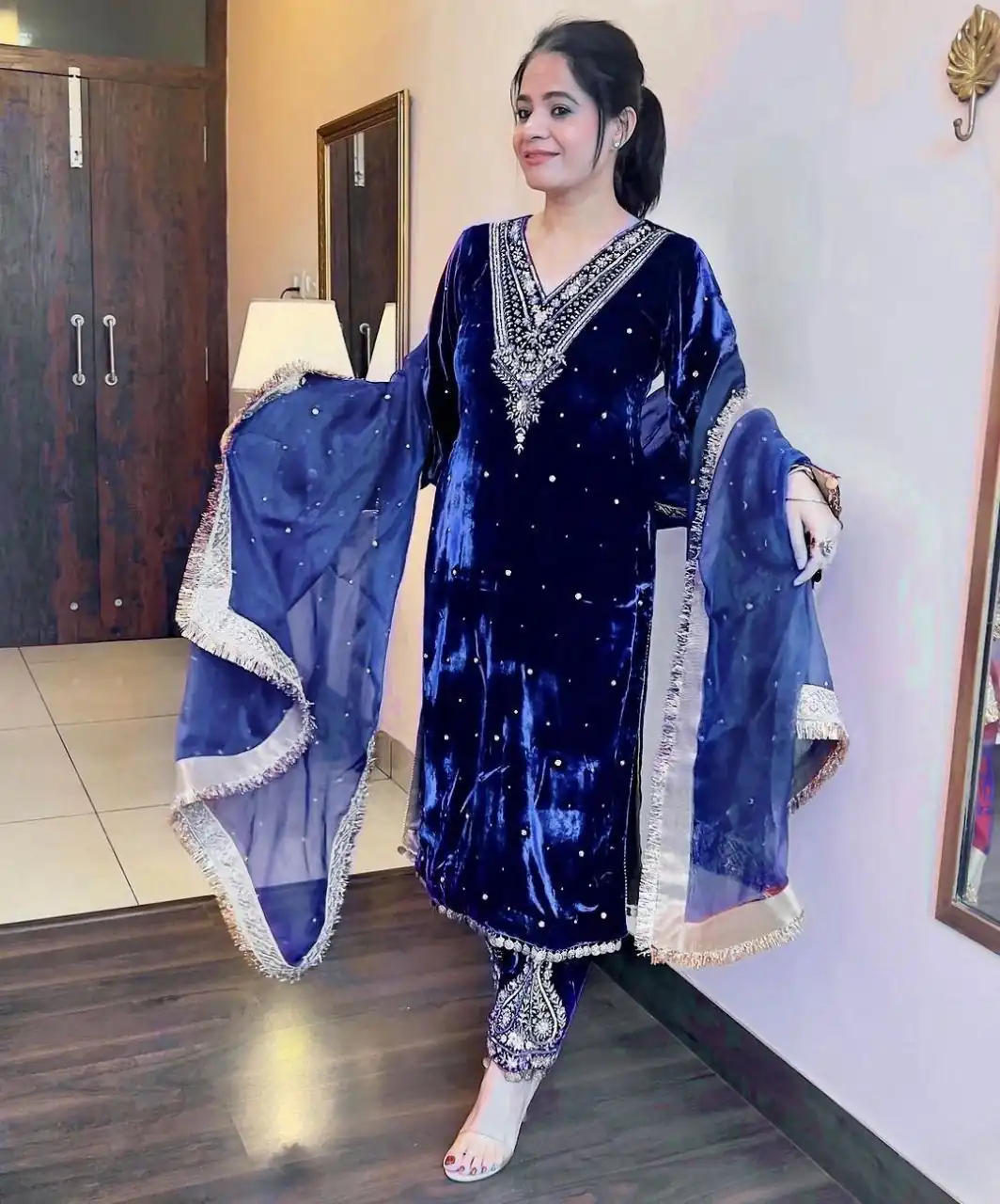 Blue Viscos Velvet Thread Rivet Moti Salwar Suit | Jump Suits, Tops & Bottoms, Track Suits, Salwar suit, Casual Suits, Creative suits, Designer Suits, Palazzo Suits, Party Wear Suits, Patiala Suits, Straight Suits, Trendy Wear