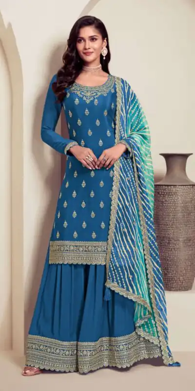 Blue Viscose Chinon With Zari Work Salwar Suit | Jump Suits, Tops & Bottoms, Track Suits, Salwar suit, Casual Suits, Creative suits, Designer Suits, Palazzo Suits, Party Wear Suits, Patiala Suits, Straight Suits, Trendy Wear