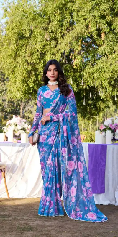 Blue Weightless Printed Pearl Saree | Sarees, Bollywood Sarees, Creative Sarees, Designer Sarees, Embroidered Sarees, Ethnic Saree, Modern Digital sarees, Party Wear Sarees