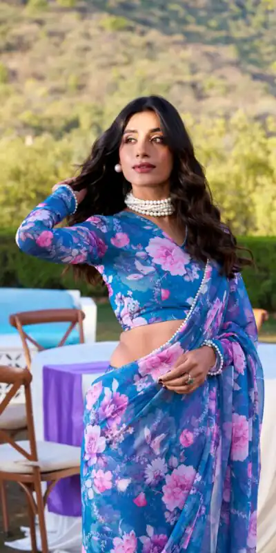 Blue Weightless Printed Pearl Saree | Sarees, Bollywood Sarees, Creative Sarees, Designer Sarees, Embroidered Sarees, Ethnic Saree, Modern Digital sarees, Party Wear Sarees